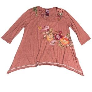 Johnny Was‎ JWLA Embroidered Floral Scoop Neck Relaxed Tunic Tee Shirt Rust L
